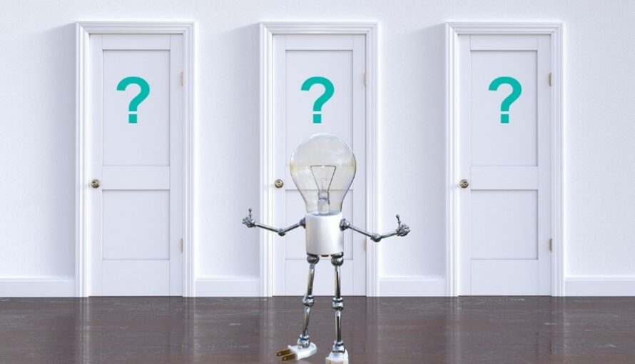 Animated image of a lightbulb person trying to decide which of the three doors to choose, representing flooring options.