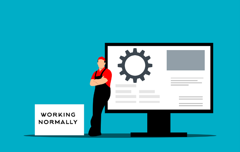 Animated image of a computer and a construction worker with a sign, “Working Normally”.